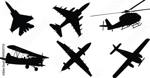 Collection of six commercial airplane top view silhouettes, black vector icons of passenger jets from above isolated on white.