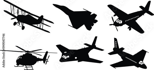 Collection of six diverse aircraft silhouettes, black vector icons of fighter jets, biplanes, and helicopters isolated on white.