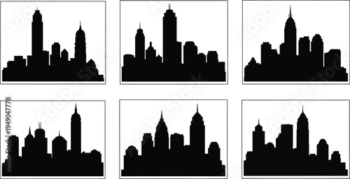 Collection of six diverse aircraft silhouettes, black vector icons of fighter jets, helicopters, and vintage biplanes isolated on white.