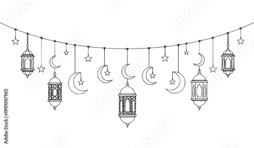 Ramadan lantern crescent moon and star garland elegant Islamic decoration vector