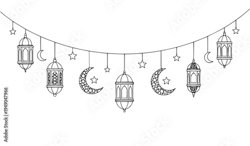 Ramadan lantern crescent moon and star garland elegant Islamic decoration vector