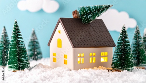 A playful winter house with glowing windows, snow-covered pine trees, and a giant tree humorously bursting through the roof beneath bright festive skies.