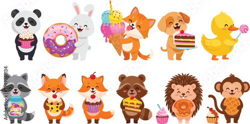 Cute Cartoon Animals Eating Sweet Desserts Vector Illustration Set Featuring Panda Rabbit Fox Dog Duck Raccoon Hedgehog and Monkey with Donuts Cupcakes and Ice Cream