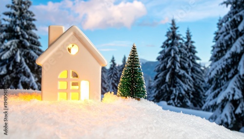 A playful winter house with glowing windows, snow-covered pine trees, and a giant tree humorously bursting through the roof beneath bright festive skies.