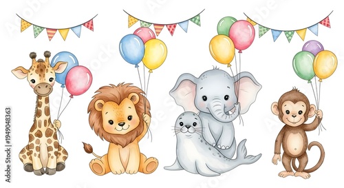 Cute circus animals set, watercolor illustrations for nursery. Baby giraffe, lion, elephant, seal and monkey with balloons and garlands. Hand drawn circus clipart collection isolated on white.