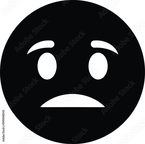 Sad face emoji or emoticon, black circle with furrowed eyebrows and downturned mouth, isolated on transparent background