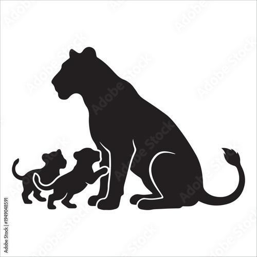 Silhouette of a lioness with two cubs. The lioness is sitting, while one cub stands on its hind legs touching her, and the other stands beside. 