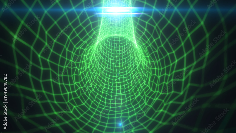 Obraz premium Bright green wireframe grid tunnel with lens flare, forming an abstract sci-fi data corridor and futuristic technology background