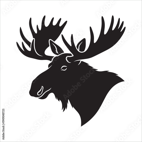 Silhouette of a moose head, featuring large, distinctive antlers extending outward with multiple tines. The moose is shown in profile, highlighting the elongated snout, rounded ears.