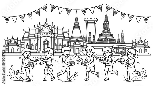 Children playing with water guns at songkran festival coloring page art