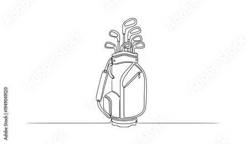 Minimal golf bag with clubs continuous line art sport vector illustration