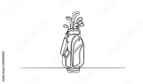 Continuous one line drawing golf bag with clubs sport vector illustration