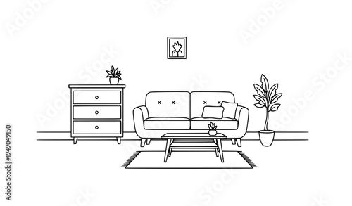 Minimal living room sofa furniture and plant doodle line art vector illustration