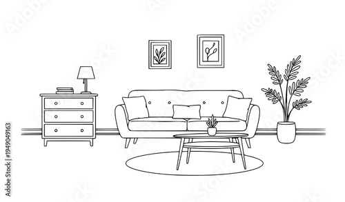 Minimalist living room interior furniture doodle line art vector illustration