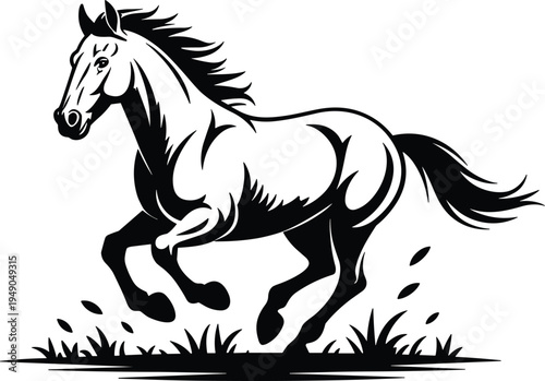 Galloping horse vector illustration running stallion line art black and white equestrian character isolated on white background for logo design