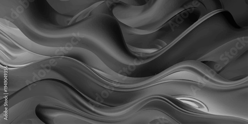 Luxurious black satin and silk fabric texture features smooth flowing waves and soft light curves in a dark gray textile design for a high-end material backdrop