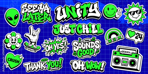 A set of colorful graffiti art sticker illustrations. Cool groovy retro sticker pack vector illustration