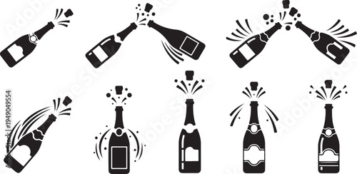 Champagne Bottles Celebrating with Various Silhouette Illustrations and Effects