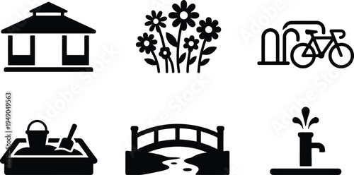 Simple black and white icons representing various outdoor park and recreation elements