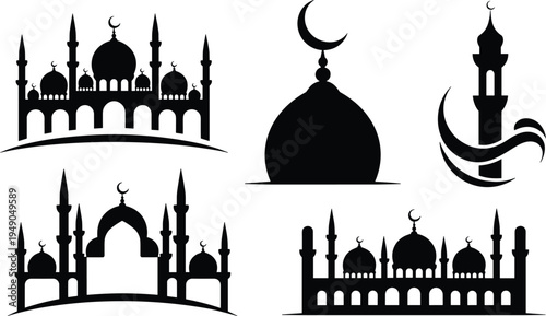 Islamic mosque silhouettes set featuring masjid domes and minarets with crescent moon symbols for Ramadan Kareem and Eid Mubarak designs.