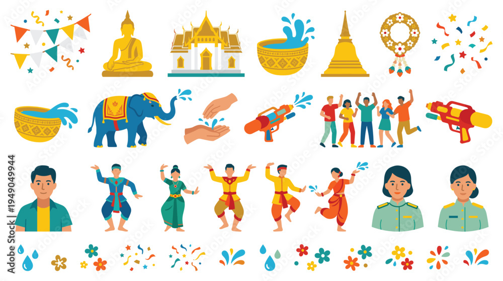 Fototapeta premium Thai Songkran festival elements with water guns and happy people celebrating