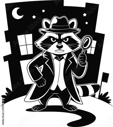 Raccoon Detective Character Wearing Fedora Hat and Trench Coat Holding Magnifying Glass in Front of City Night Skyline Vector Illustration