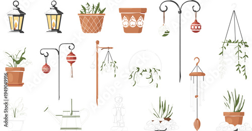 Plant Decor and Gardening Vector Set Featuring Hanging Plants, Pots, Lanterns, Watering Can, and Garden Accessories for Home and Outdoor Decoration