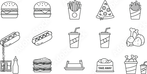 Fast Food Line Icon Set Featuring Burger Pizza Fries Hot Dog Coffee Drink Chicken Sandwich and Takeaway Meal Outline Vector Collection