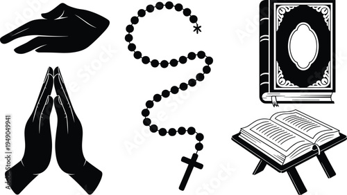 Religious vector icons set featuring praying hands, holy bible, rosary beads, and open Quran on wooden stand for spiritual worship design.