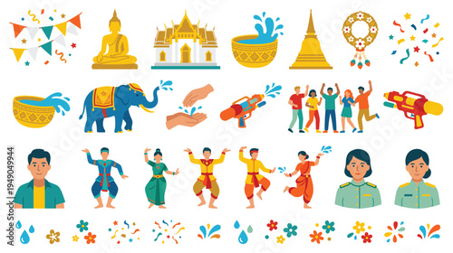 Thai Songkran festival elements with water guns and happy people celebrating