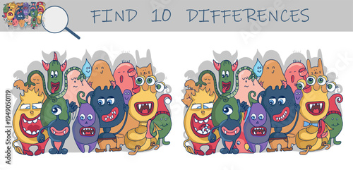 Find the differences game. Cute Monsters. Hidden objects puzzle game for kids. Sketch vector illustration.