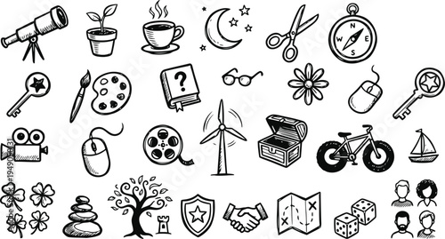 A charming collection of whimsical hand drawn doodle icons representing a variety of themes and concepts