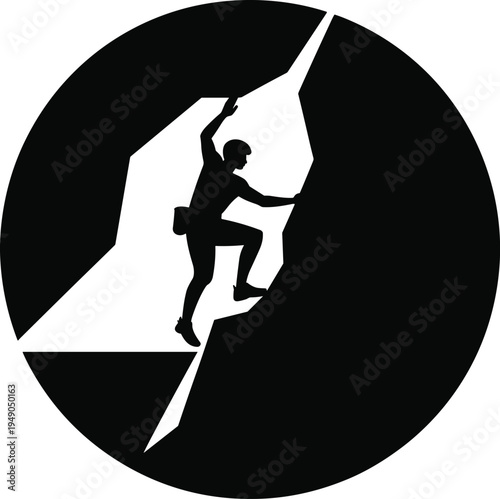 Silhouette of a brave rock climber scaling a steep mountain cliff inside a circle for adventure sport logo and success