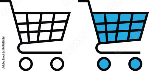 Two shopping carts one empty white and one filled blue on white background empty cart