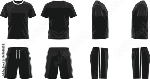 Black sports t-shirt and shorts mockup set featuring front back and side views for athletic apparel design and fitness clothing branding collection