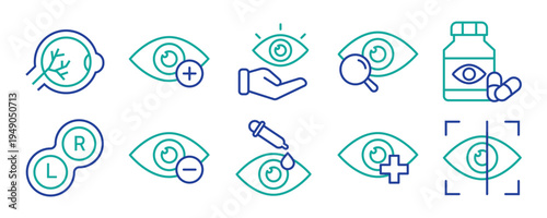Ophthalmology line editable icon set. Contain icons related to medical eye care, optometry, vision correction, and more. Editable stroke. Vector illustration