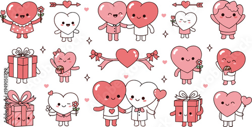 Cute kawaii heart characters set with love gifts, couples and arrows, adorable Valentine cartoon icons collection for romantic stickers and designs