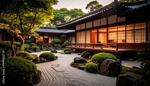 Serene Japanese Karesansui Zen Garden and Traditional House at Golden Hour