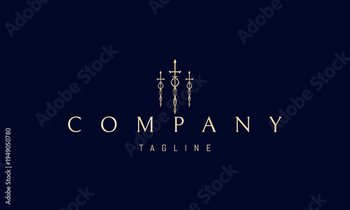 A vector golden logo featuring three swords entwined with serpents, symbolizing power, protection, mystical wisdom, and ancient mythological strength.