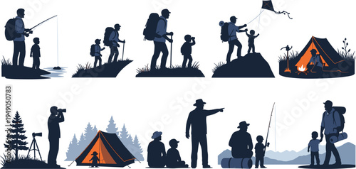 Father and Child Outdoor Adventure Silhouette Set Featuring Hiking Fishing Camping Photography and Exploring Nature Family Travel Vector Collection