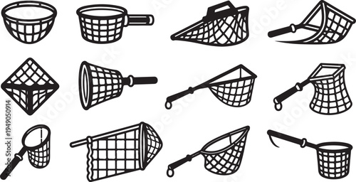 Collection of various fishing nets and strainers illustration set