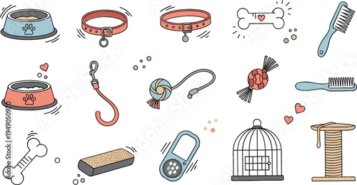 Pet care accessories set with bowls, collars, toys, comb, leash, cage and scratching post, cute cartoon pet supplies collection