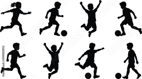 Kids soccer silhouettes collection featuring boys and girls playing football kicking ball and celebrating goals for youth sports competition design on white