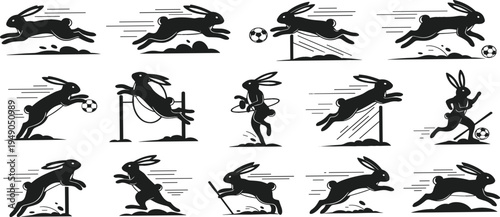 Rabbit sports silhouette set with running, jumping, soccer and athletics poses, dynamic bunny athlete icons collection for sport and mascot design