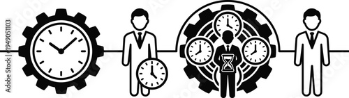  Time management business icons set featuring gear clock hourglass and professional businessmen silhouettes for productivity optimization and corporate workflow concept on white