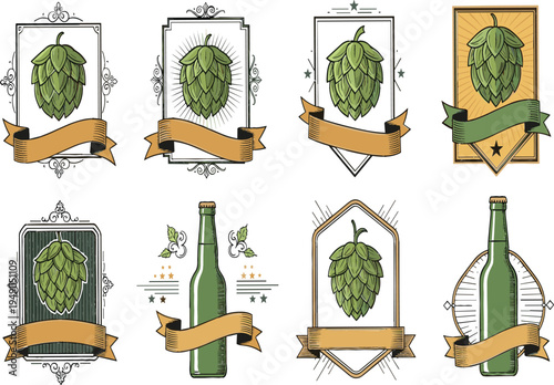 Vintage craft beer labels with hops cones, ribbons and bottles, retro brewery badge set for pub branding, brewing logo and beer packaging