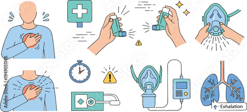 Asthma treatment and respiratory care set with inhaler, oxygen mask, lungs and breathing therapy illustrations for medical and healthcare design