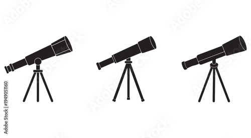 Three black telescopes on tripods for stargazing and astronomy observations  various angles and positions