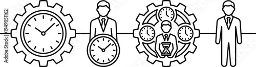  Time management business line icons set featuring gear clock hourglass and professional businessmen for productivity optimization and corporate workflow concept on white