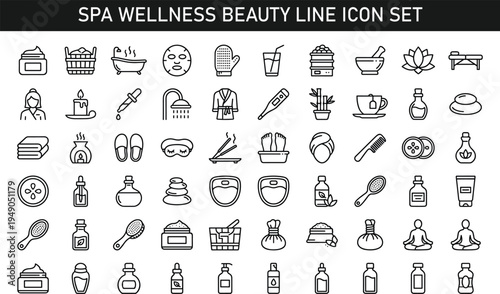 Spa wellness beauty line icon set with massage therapy skincare relaxation minimal outline vector icons collection isolated background